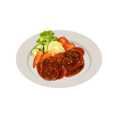 Beef steak with barbecue sauce. Watercolor hand drawn vector illustration, isolated on white background.
