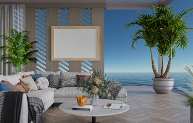 3D mockup blank photo frame in living room rendering