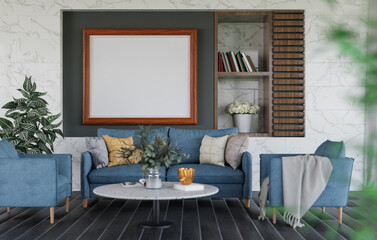 3D mockup blank photo frame in living room rendering
