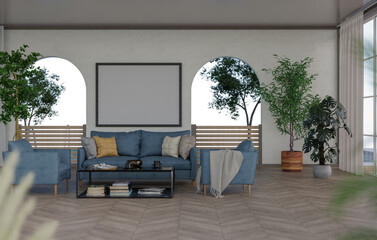 Fototapeta na wymiar 3D mockup blank photo frame in living room rendering
