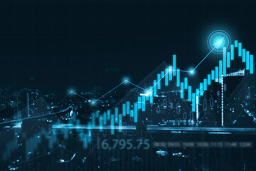 stock market growth chart Business and finance, up arrow hologram economic chart with diagram,...