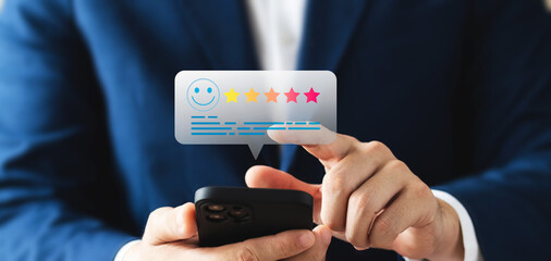 Service quality survey leading to business reputation ratings, smiley pop-up icons and five stars....