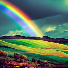Obraz premium Rainbow in green field with sky
