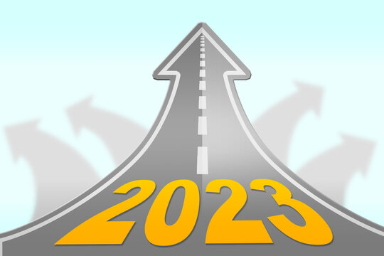 Year 2023 word on a highway road going up