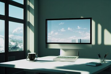 Fototapeta premium workplace in modern office interior with blank mock up laptop computer screen, window with beautiful nature view, coffee cup and other items on desktop, pieces of furniture and daylight. 3D Rendering