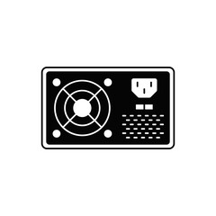 Power supply icon in black flat glyph, filled style isolated on white background