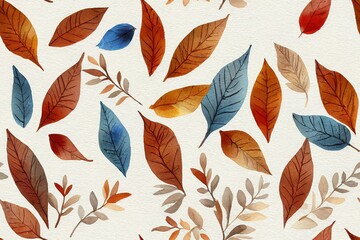 Obraz premium Watercolor seamless autumn pattern with coffee, leaves, cookies and chocolate on a gray blue background.