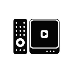 Tv box icon in black flat glyph, filled style isolated on white background