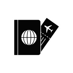 Passport and ticket icon in black flat glyph, filled style isolated on white background