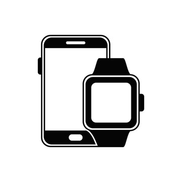Smart watch and mobile smart phone icon in black flat glyph, filled style isolated on white background