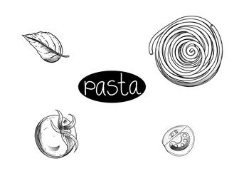 Hand drawn sketch black and white of pasta, spaghetti, tomato, leaf. Vector illustration. Elements in graphic style label, sticker, menu, package. Engraved style illustration.