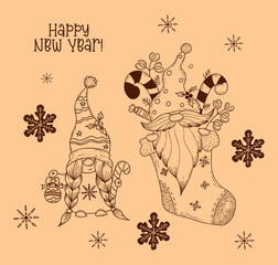 New Years gnome in christmas boot with caramel stick and Scandinavian gnome girl with christmas ball. Vector illustration hand drawn in doodle style. For design, decor, postcards and print.