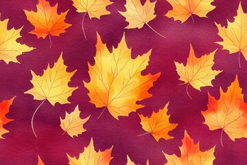 Watercolor seamless pattern with autumn leaves. High quality 2d illustration