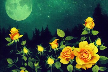 Yellow Rose Flower in Fantasy magical garden in enchanted fairy tale dreamy elf Forest, fairytale glade on mysterious midnight blue background, elven magic woods in night darkness with moon rays light
