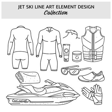 Set of Jet Ski equipment hand drawn vector illustration. Sports icon design template.
