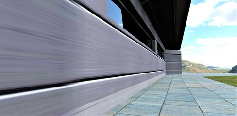 Fototapeta premium The combination of finishing the facade of a modern house with aluminum panels and paving stones made of large square concrete slabs. 3d render.