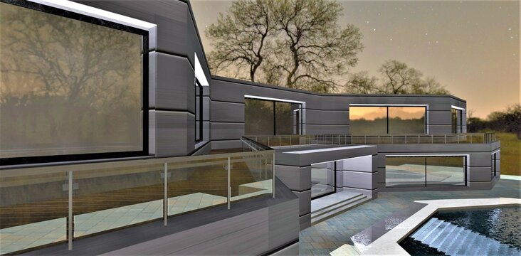 Night LED illumination of window openings of a stylish private estate under the starry sky. Descent into the pool three meters from the steps of the porch. 3d render.