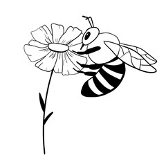 Honey bee on flower isolated on white. Insect in hand drawn style. Vector monochrome doodle illustration.