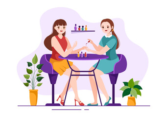 Nail Polish Salon Template Hand Drawn Cartoon Flat Illustration Receiving of Manicure or Pedicure with Tools and Accessories to a Young Girl Concept