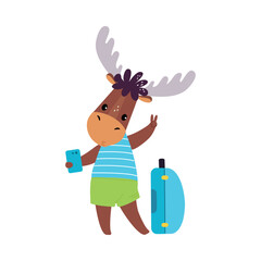 Cute Elk Traveler with Suitcase Standing and Taking Selfie with Smartphone Having Journey on Vacation Vector Illustration