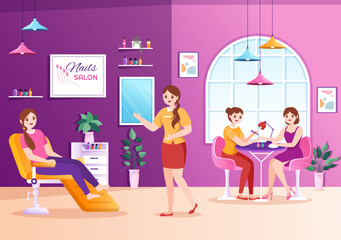 Nail Polish Salon Template Hand Drawn Cartoon Flat Illustration Receiving of Manicure or Pedicure with Tools and Accessories to a Young Girl Concept