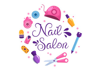 Nail Polish Salon Template Hand Drawn Cartoon Flat Illustration Receiving of Manicure or Pedicure with Tools and Accessories to a Young Girl Concept