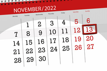 Calendar 2022, deadline, day, month, page, organizer, date, november, sunday, number 13