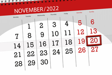 Calendar 2022, deadline, day, month, page, organizer, date, november, sunday, number 20