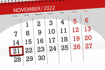 Calendar 2022, deadline, day, month, page, organizer, date, november, monday, number 21