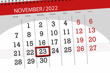 Calendar 2022, deadline, day, month, page, organizer, date, november, wednesday, number 23