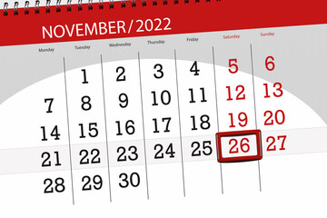Calendar 2022, deadline, day, month, page, organizer, date, november, saturday, number 26