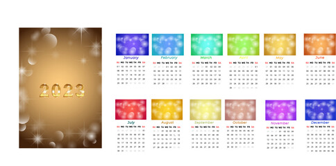 Bright monthly calendar template with glitter and bokeh for 2023