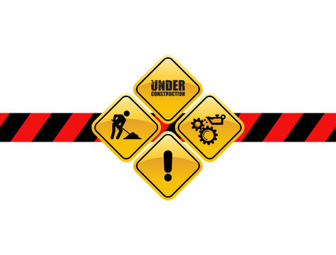 Vector image of the stub for the site. Under construction. Square signs repair symbols, warning tape