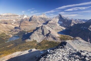 Aerial Landscape View of Lake O'Hara Alpine Basin and Distant Canadian Rocky Mountains Peaks.  Mountain Climbing in Yoho National Park, British Columbia Canada
