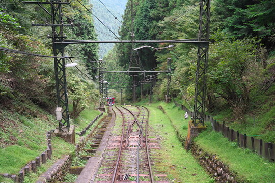 Tokyo,Japan - September 29, 2022: Turnout systems for two-rail funiculars or cable railway with Abt switch
