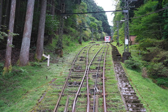 Tokyo,Japan - September 29, 2022: Turnout systems for two-rail funiculars or cable railway with Abt switch
