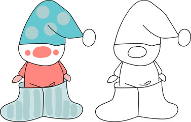 Cute Gnome Coloring Page. Hand-drawn doodles illustration. Line art. Icon