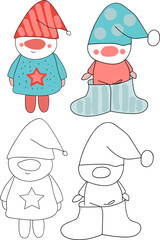 Cute Gnomes Coloring Page. Hand-drawn doodles illustration. Line art. Icon