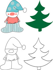 Cute gnome with a Christmas tree Coloring Page. Hand-drawn doodles illustration. Line art. Icon