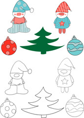 Gnomes with Christmas toys clipart Coloring Page. Hand-drawn doodles illustration. Line art. Icon