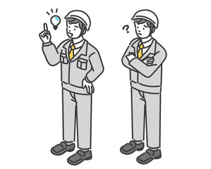 悩んだりひらめいたりする、作業員のベクターイラスト素材／アイソメ／サラリーマン