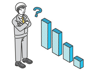 Obraz premium 右肩下がりのグラフを見て、悩む作業員のベクターイラスト素材／アイソメ／サラリーマン