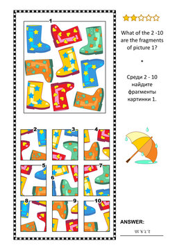 Visual logic puzzle with rubber boots: What of the 2-10 are the fragments of the picture 1? Answer included.
