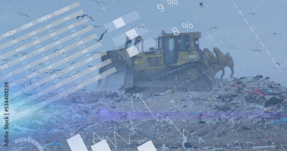 Poster image of graph and data over bulldozer on waste dump