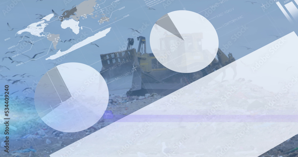 Aufkleber image of graph and data over bulldozer on waste dump