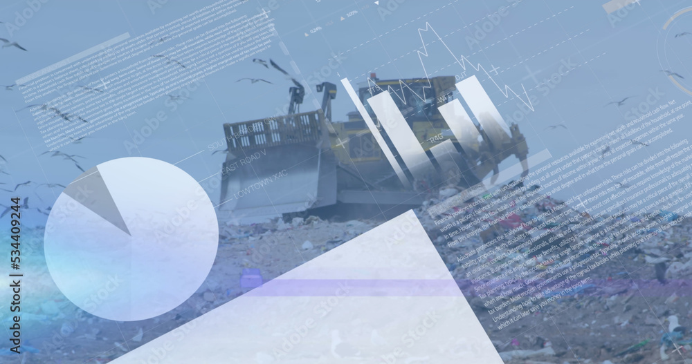 Poster image of graph and data over bulldozer on waste dump