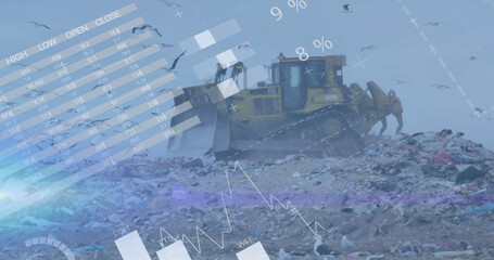Image of graph and data over bulldozer on waste dump