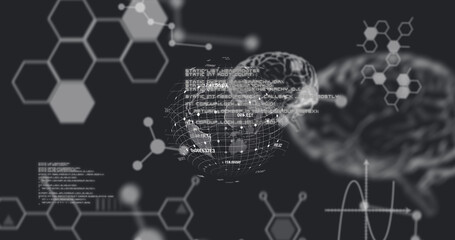 Image of globe rotating over scientific data on black background