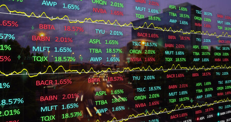 Stock market data processing against view of night city traffic