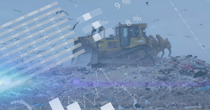 Image of graph and data over bulldozer on waste dump